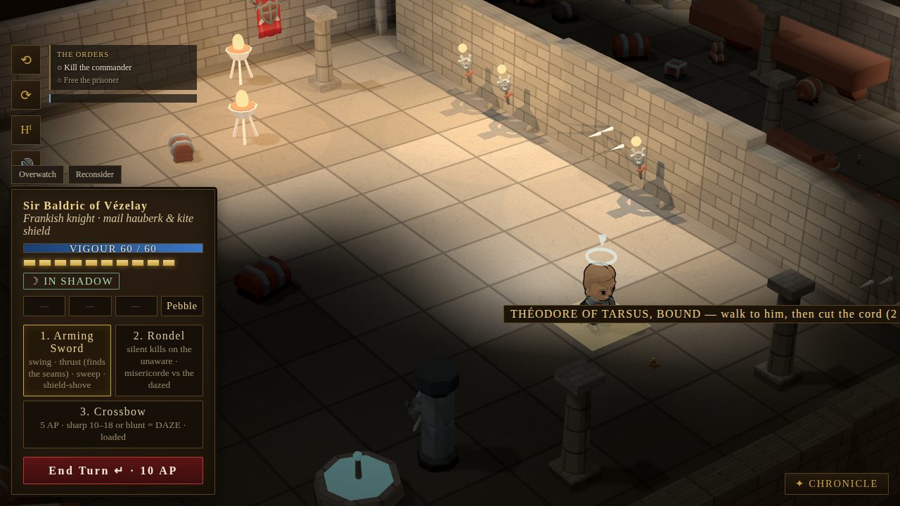 Crusader Tactics — Sir Baldric moves through a shadowed hall past torchlit guards