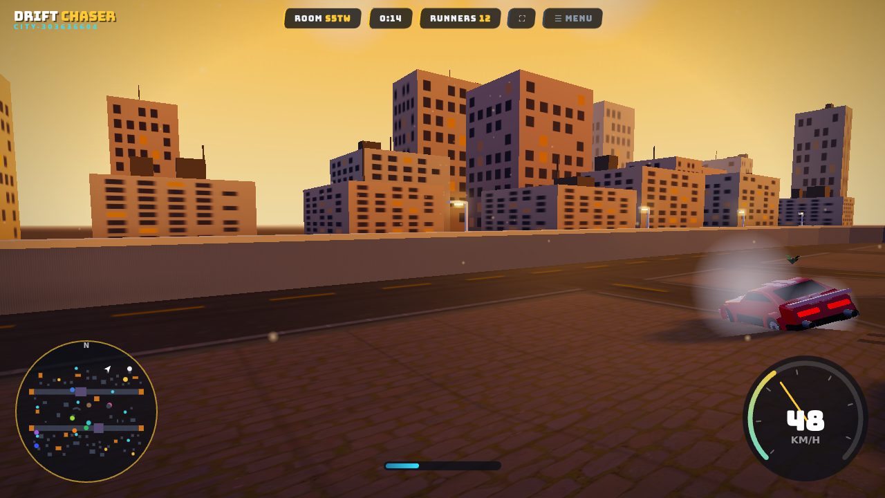 Drift Chaser — drifting through a sunset city arena, smoke pouring off the tyres