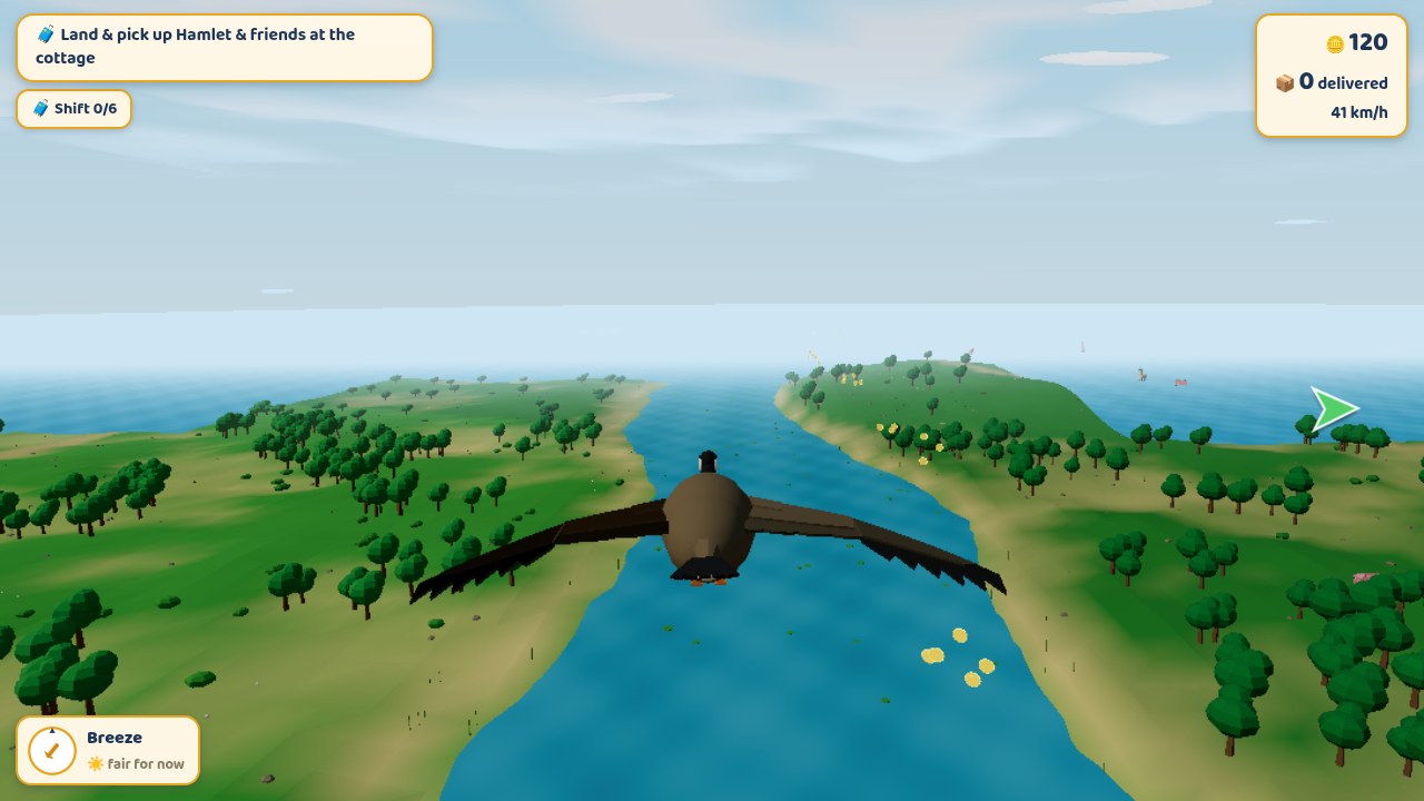Goose Taxi — the goose flies up a river valley toward the pickup beacon